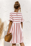 Women Summer Dress Cute Loose Striped Print Ruffles Sleeves Elegant Patchwork Beach Party Female