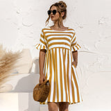 Women Summer Dress Cute Loose Striped Print Ruffles Sleeves Elegant Patchwork Beach Party Female