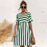 Women Summer Dress Cute Loose Striped Print Ruffles Sleeves Elegant Patchwork Beach Party Female