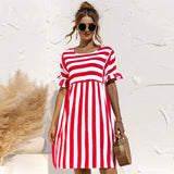 Women Summer Dress Cute Loose Striped Print Ruffles Sleeves Elegant Patchwork Beach Party Female