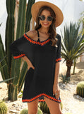 Beach Dress Summer Short-Sleeved  Loose Solid Hollow Out Tunic Beachwear Cover Ups For Swimwear