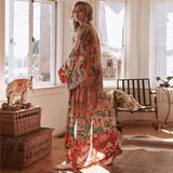 Bohemian Floral Printed Front Open Summer Women Beach Wear Wrap Dress Chiffon Tunic