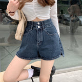 Women Shorts Side-slit Empire Retro Design Straight Denim Trousers Button Summer All-match