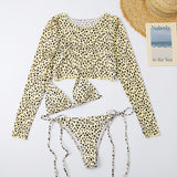 Leopard print 3 pieces set Long sleeves swimsuit bikini Low waist swimwear women bathing suit