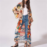 Print Long Sleeve Cardigan Loose Casual Cover Up Beach Kimono Tunic