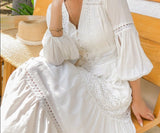 Boho Women Maxi Party Dress Single Breasted Sexy White Lace Cotton Tunic Long Beach Summer