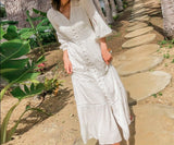 Boho Women Maxi Party Dress Single Breasted Sexy White Lace Cotton Tunic Long Beach Summer