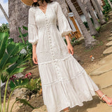 Boho Women Maxi Party Dress Single Breasted Sexy White Lace Cotton Tunic Long Beach Summer