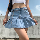 Denim Mini Pleated Skirt Ladies Summer High Waist Jeans Shorts Skirts Harajuku Women Ruffles