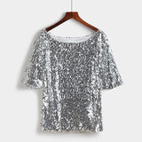 Loose Off Shoulder Sequin Glitter Casual Shirt Vintage Blouse Party Top