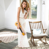 Women Solid White Lace V Neck Long Maxi Dress Summer Beach Hollow Ruffles Shoulder