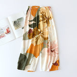 Summer Sleep Bottoms Viscose Print Loose Sleepwear Elastic Waist Pajama Pants Thin Cool Calf-Length Pants