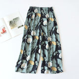 Summer Sleep Bottoms Viscose Print Loose Sleepwear Elastic Waist Pajama Pants Thin Cool Calf-Length Pants