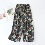 Summer Sleep Bottoms Viscose Print Loose Sleepwear Elastic Waist Pajama Pants Thin Cool Calf-Length Pants