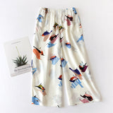 Summer Sleep Bottoms Viscose Print Loose Sleepwear Elastic Waist Pajama Pants Thin Cool Calf-Length Pants