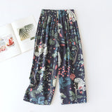 Summer Sleep Bottoms Viscose Print Loose Sleepwear Elastic Waist Pajama Pants Thin Cool Calf-Length Pants