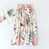 Summer Sleep Bottoms Viscose Print Loose Sleepwear Elastic Waist Pajama Pants Thin Cool Calf-Length Pants