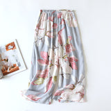 Summer Sleep Bottoms Viscose Print Loose Sleepwear Elastic Waist Pajama Pants Thin Cool Calf-Length Pants