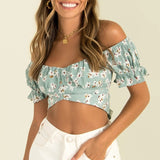 Short Sleeve Backless Crop Top Off Shoulder Tops Puff Sleeve Bow Tied Beach Blouse Women Summer White