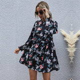 Floral Dress Women Casual Full Sleeve High Waist Loose Print Dress