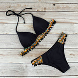 Push Up Bikini Swimwear Women Tassel Black Ball Leopard Swimsuit Bathing Suit Bikini Set Beach Wear