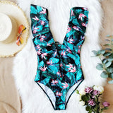 Shoulders ruffled one-piece swimsuit printed floral swimsuit swimwear beachwear Monokini