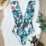 Shoulders ruffled one-piece swimsuit printed floral swimsuit swimwear beachwear Monokini