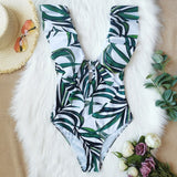 Shoulders ruffled one-piece swimsuit printed floral swimsuit swimwear beachwear Monokini