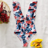 Shoulders ruffled one-piece swimsuit printed floral swimsuit swimwear beachwear Monokini