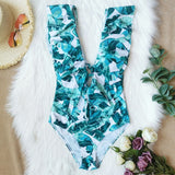 Shoulders ruffled one-piece swimsuit printed floral swimsuit swimwear beachwear Monokini