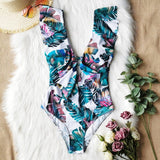 Shoulders ruffled one-piece swimsuit printed floral swimsuit swimwear beachwear Monokini