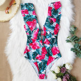 Shoulders ruffled one-piece swimsuit printed floral swimsuit swimwear beachwear Monokini