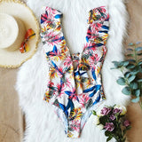 Shoulders ruffled one-piece swimsuit printed floral swimsuit swimwear beachwear Monokini