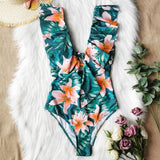 Shoulders ruffled one-piece swimsuit printed floral swimsuit swimwear beachwear Monokini