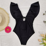 Shoulders ruffled one-piece swimsuit swimwear beachwear Monokini