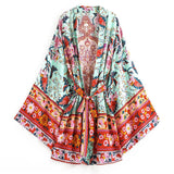 Boho Vintage Peacock Floral Print Sashes kimono Women bohemian V Neck batwing Sleeves short robe Kimono