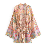 Boho Vintage Peacock Floral Print Sashes kimono Women bohemian V Neck batwing Sleeves short robe Kimono