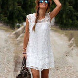 Summer beach Dress Women Casual Sleeveless Beach Short Dress Tassel Solid White Mini Lace Dress