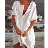 Cotton Linen Lady Women Mini Dress White Short Sleeve Casual Beach Dresses Female Summer