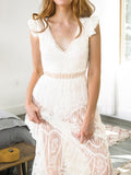 Women Solid White Lace V Neck Long Maxi Dress Summer Beach Hollow Ruffles Shoulder