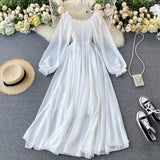 Spring Autumn Women Elegant Holiday Puff Sleeve Slash Neck Off Shoulder Smocked White Chiffon