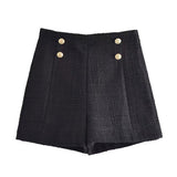 Women Front Metal Buttons Tweed Shorts Vintage High Waist Side Zipper Female Short Pants