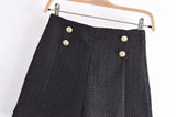 Women Front Metal Buttons Tweed Shorts Vintage High Waist Side Zipper Female Short Pants