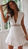 Women Summer Bohemian Beach Mini Boho Dress Embroidery Lace White Deep V Neck Backless