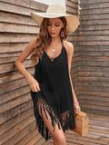 White Backless Cover Up With Tassels Sexy V-neck Lace Up Halter Beach Dress Summer Bathing Suit