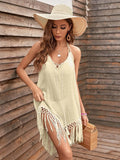 White Backless Cover Up With Tassels Sexy V-neck Lace Up Halter Beach Dress Summer Bathing Suit