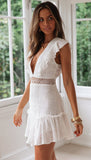 Women Summer Bohemian Beach Mini Boho Dress Embroidery Lace White Deep V Neck Backless