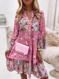 Retro Floral Print Flare Sleeve Mini Dress Spring Ruffle Loose Women Party Dress Casual V Neck Beach Pullover