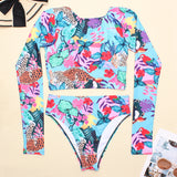 Animal Print Bikini Swimwear Long Sleeve Backless Swimsuit Sporty Bodysuit Beach Bathing Suit