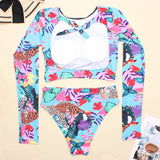 Animal Print Bikini Swimwear Long Sleeve Backless Swimsuit Sporty Bodysuit Beach Bathing Suit